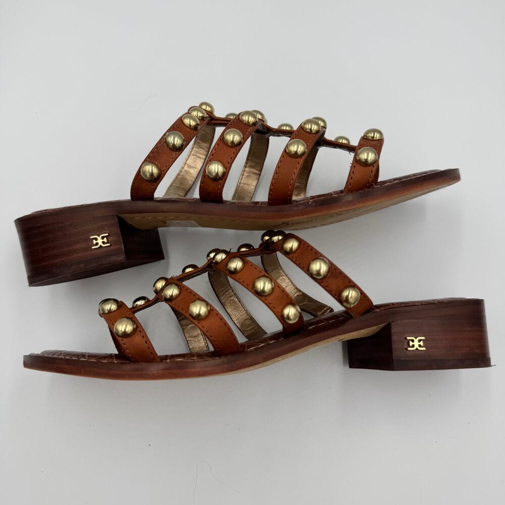 Sam Edelman Juniper Studded Gladiator Slide Sandal Brown Leather Gold 8.5 38.5 - Picture 10 of 15